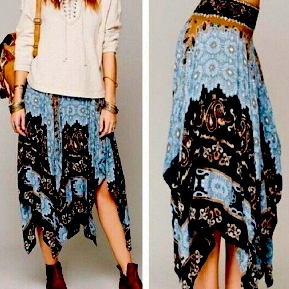 Free People Blue and Black Bohemian midi handkerchief Skirt